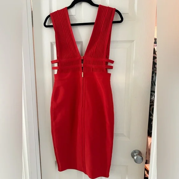 Bebe Vibrant Red Plunge Neck Bandage Dress - Picture 2 of 6